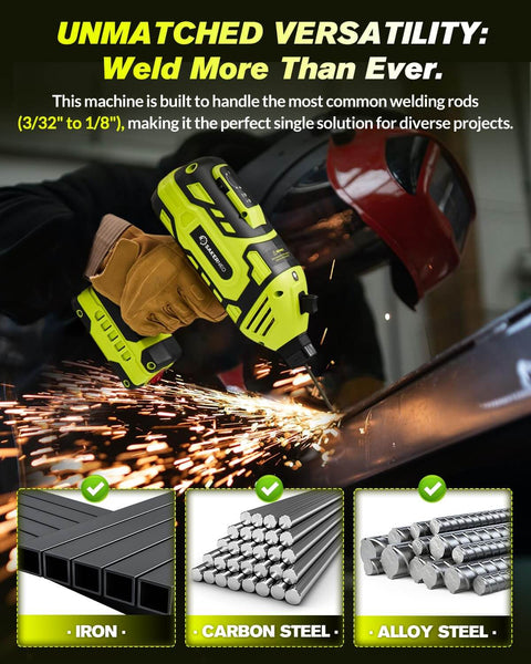 Grab And Go 110V Stick Welder With IGBT Inverter in use, welding metal with sparks, suitable for iron, carbon steel, and alloy steel