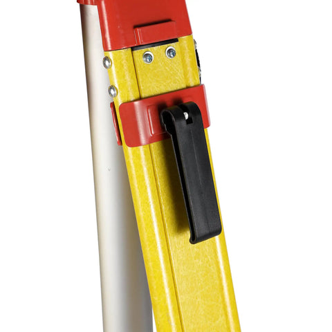 Close-up of the quick clamp lock on the Giant 157 Inch Elevating Tripod for Rotary Lasers and Surveying Gear, showing wood and fiberglass build.