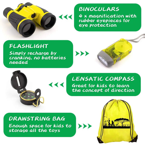 Awesome Kids Outdoor Explorer Kit With Bug Catcher Gear featuring binoculars, flashlight, compass, and drawstring bag