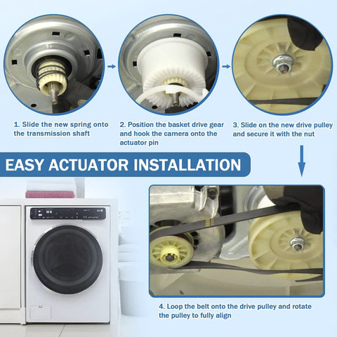 Beefed Up Washer Shift Actuator Kit With Pulley Clutch Assembly And Drive Belt installation steps and parts diagram