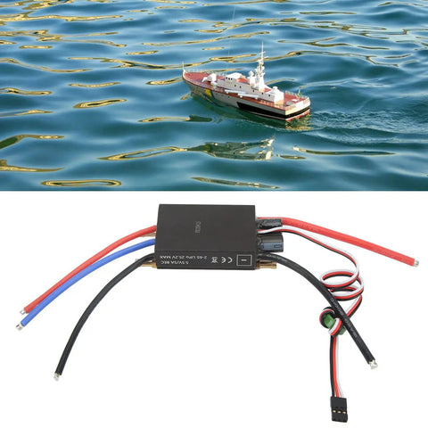 70A Waterproof Brushless ESC With Built In BEC Aluminum Alloy Body Black Finish for RC Boats shown with a model boat