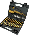 Open case showing Titanium Coated HSS Twist Drill Bit Set With Hex Shank, 30 Pc, Quick Change Design, storage case, various sizes.