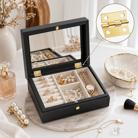 Top Shelf Mini Brass Hinge Kit With Antique And Dope Gold Finishes Includes 240 Screws And Driver for jewelry box assembly with rings.