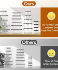 Comparison of 40 Piece Airtight Food Storage Container Set With Lids; our set with larger containers on a wooden shelf.