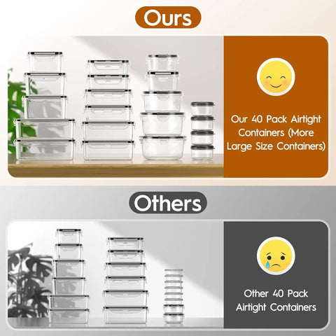 Comparison of 40 Piece Airtight Food Storage Container Set With Lids; our set with larger containers on a wooden shelf.
