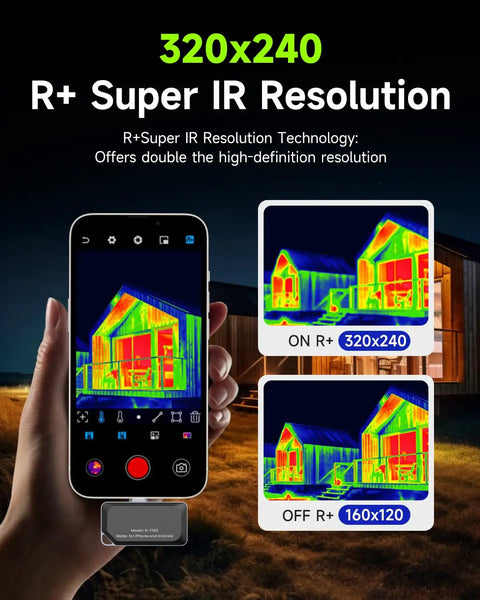 Type-C Thermal Camera For iPhone And Android Devices With 320x240 Resolution And 15x Digital Zoom, 25Hz Thermal Imaging For Water Leak Detection displayed on phone.