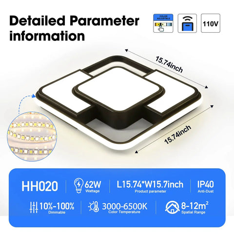 62W Dimmable LED Flush Mount Ceiling Light With Remote Control Three Color Temperature 3000K 6500K Adjustable Brightness From Five To One Hundred Percent Black Finish 15.74 Inch Close To Ceiling Lamp For Dining Room Bedroom Kitchen, detailed parameter information