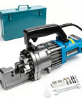 Heavy Duty Portable Electric Hydraulic Rebar Cutter With Cr12MoV Blade Cuts 5 32 Inch To 7 8 Inch Deformed Steel Bar in a toolkit on a white background.