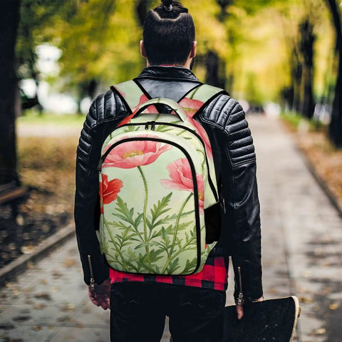 Person wearing Red Pink Poppy Watercolor Printed Backpack For Unisex Everyday Carry Ready Large Capacity Carryall Bag in park