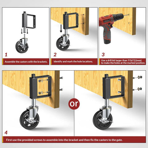 Installation guide for Heavy Duty Gate Caster With Spring Loaded Wheel, Swivel Gate Wheel for Wooden Gates and Fences, 220 Lbs Capacity