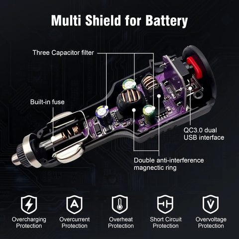 Road Ready Dual Port USB C Car Charger Pumping Out 27W Fast Charge With A Rock Solid Ninety Degree Swivel Plug internal circuit board showing components and protections.