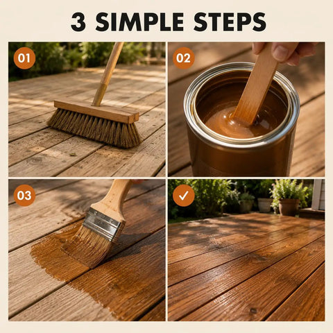 3-step application guide for Real Deal Clear Wood Sealer And Tough Water Based Hardwax Oil That Soaks Deep Into Raw Timber To Deliver Bulletproof Weather Shielding With Zero Flake Mess In One Quart.