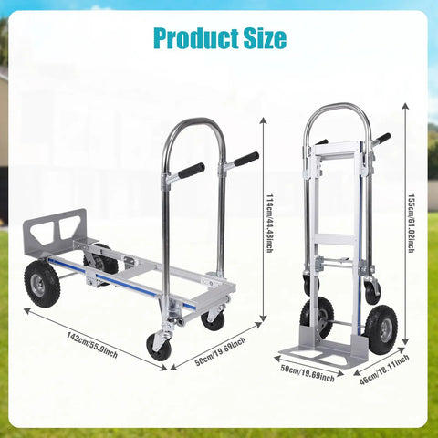 3 In 1 Heavy Duty Aluminum Hand Truck Cart With 550 Lb Capacity, Converts From Upright Stair Climb To Four Wheel Tilt, And Flat Platform Dolly For Appliances, Furniture, And Luggage, Folding Convenience. Product size chart showing folded and open modes, 155cm tall