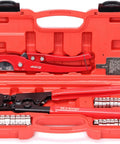 DIY Ready PEX Pipe Clamp Cinching Tool Kit For Stainless Steel Clamps From 3 Eighths Inch To 1 Inch With Half Inch And Three Quarters Inch Sets Easy Cinch Crimper For Fast Leak Free Connections in red carrying case with cutter and clamps