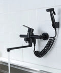Wall Mount Kitchen Faucet In Matte Black With Side Sprayer, Heavy Duty Stainless Steel Commercial Mixer Tap, 8 Inch Center To Center
