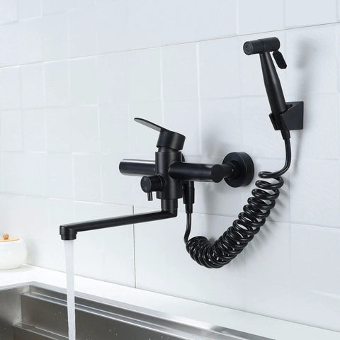 Wall Mount Kitchen Faucet In Matte Black With Side Sprayer, Heavy Duty Stainless Steel Commercial Mixer Tap, 8 Inch Center To Center