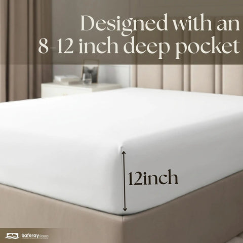 Buttery Soft Organic Cotton Queen Fitted Sheet Featuring 12 Inch Deep Pockets shown on a mattress, designed for 12 inch depth.