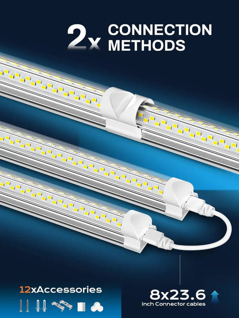 Hella Bright Eight Foot LED Shop Lights Ten Pack 100W 15000 Lumen Linkable Ceiling Fixtures for garage connection methods