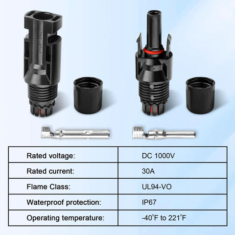 DIY Ready Solar Panel Connector Kit With 40 Pieces And 20 Pairs, Male And Female Connectors, IP67, 1000V 30A, PPO Material, UL 94 V-0