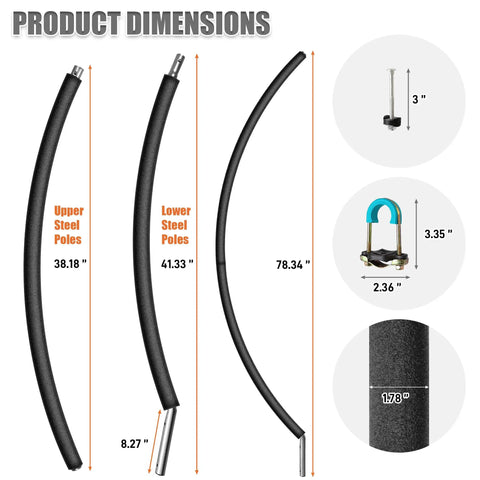 Product dimensions of Pro Grade Curved Trampoline Replacement Poles showing upper and lower sizes in inches.