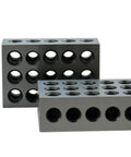 Heavy Duty Setup Blocks 1X2X3 Inches Loaded With 23 Precision Drill Holes And 5 Secure 3/8 Tapped Threads showcasing top view and side angles.