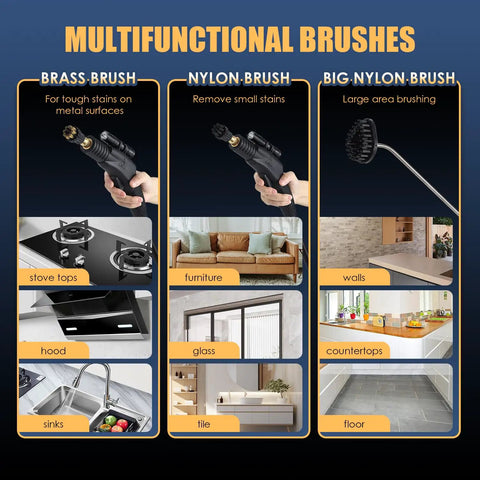 Multifunctional brushes kit for Heavy Duty 1700W Pressurized Steam Cleaner, cleaning stove tops, furniture, and tile surfaces.