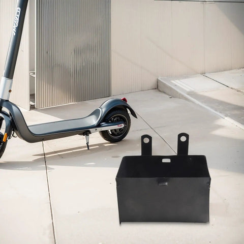 Heavy Duty Beefy Battery Storage Box For 50Cc 70Cc 110Cc 125Cc Atv Quad Dirt Bike Trail Riding Off Road Knockout Impact Protection Mount Case 4 8 X 2 76 Inches beside an electric scooter on pavement.