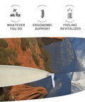 Close-up of Pikes Peak Colorado Travel Pillow U Shaped Neck Support for Long Haul Flights with zipper, ergonomic design icons.