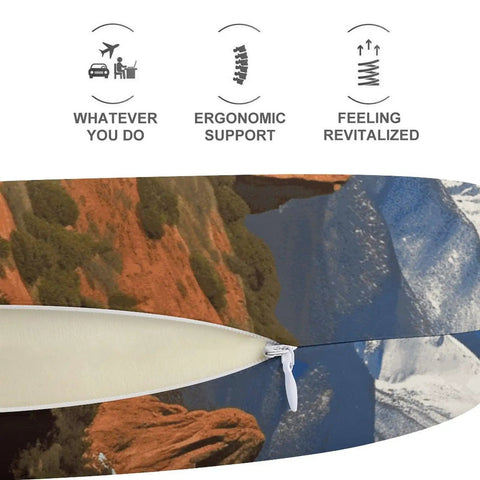 Close-up of Pikes Peak Colorado Travel Pillow U Shaped Neck Support for Long Haul Flights with zipper, ergonomic design icons.