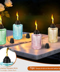 Tabletop Citronella Torches 4 Pack For Outdoor Lighting, Glass Torch Canisters With Wick And Cap, 12oz Each, Multi Color