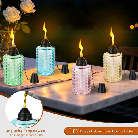 Tabletop Citronella Torches 4 Pack For Outdoor Lighting, Glass Torch Canisters With Wick And Cap, 12oz Each, Multi Color