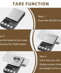 Digital Coin Scale with 0.01g Precision and 200g Capacity showing tare function in three steps with coins on platform