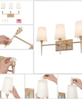 Assembly of Three Light Gold Vanity Light Fixture With White Fabric Shade For Modern Bathroom, 23 x 6.5 x 12 inches design