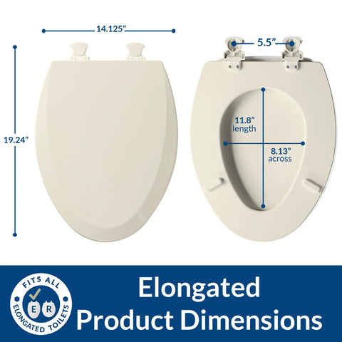 Durable Wood Toilet Seat With Easy Clean Hinges Elongated Biscuit Finish Made In USA Off White Color dimensions diagram