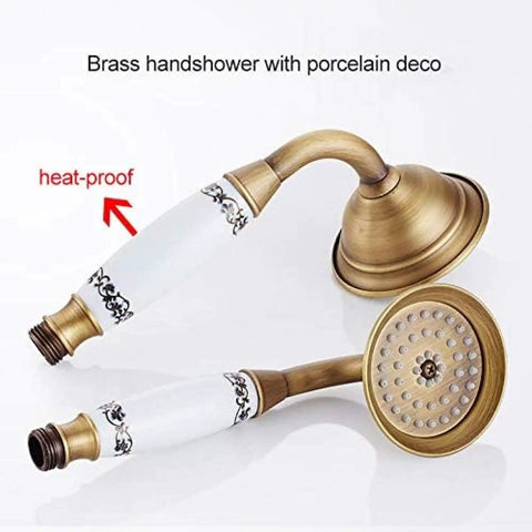 UBNMIUBV Shower System, Antique Brass Shower Faucets Set with porcelain deco handshower and heat-proof handle.