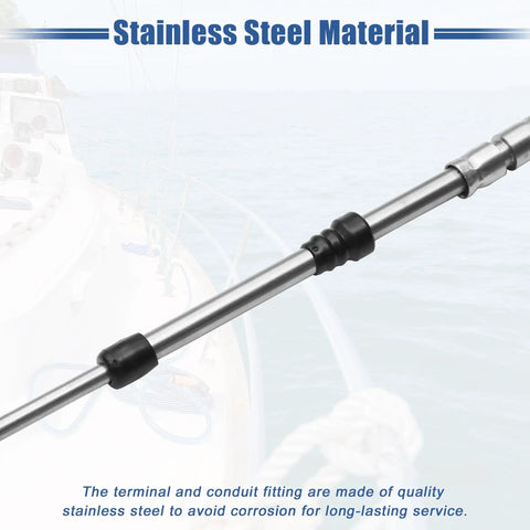 Beefy Six Feet Marine Throttle And Shift Remote Control Box Cable For Outboard Engine Boat Steering System Blue Stainless Steel M5 Thread One Point Eight Meter Long Replacement showing stainless steel material