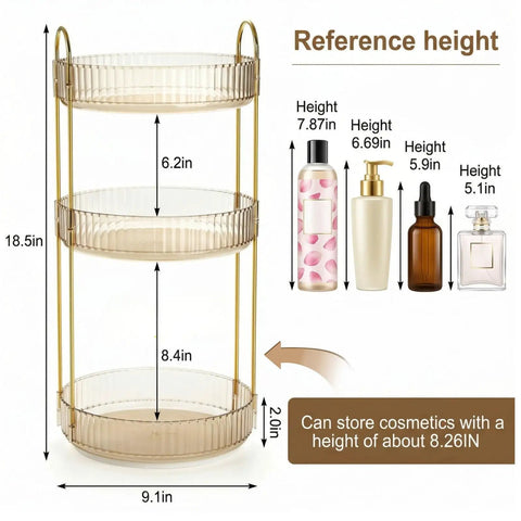 360 Smooth Spin 3 Tier Makeup Organizer For Bathroom Counter Or Vanity Styling with dimensions and reference height for cosmetics.