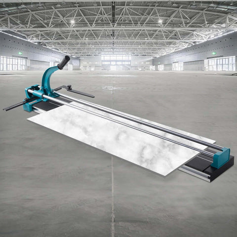 Manual tile cutter with teal frame and long rails, 48-inch capacity, cutting a white veined tile.