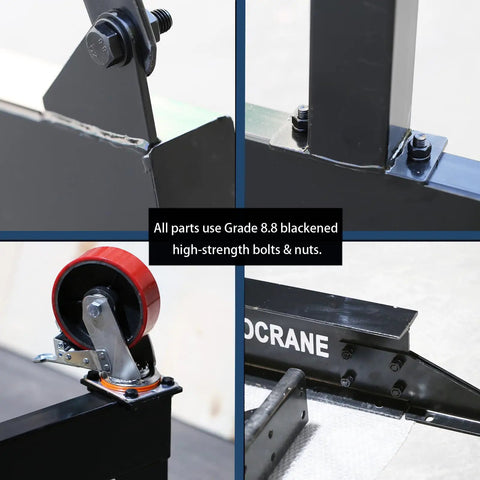 Close-up of All In One Heavy Duty Gantry Crane Kit For Shop Or Garage showing high-strength bolts, nuts, and caster wheel.