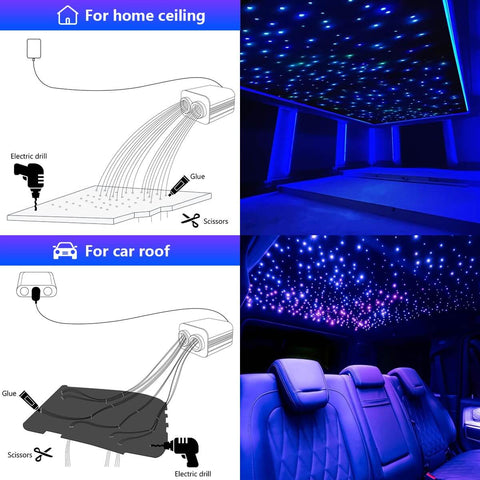 Dual Color 20W Twinkle Starlight Headliner Kit showing installation and results for car roof and home ceiling decor.