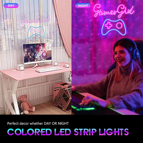 Gamer Girl neon sign above desk in gaming room, featuring a computer setup. Dimmable Neon Sign With USB Power Live On Air LED Light.