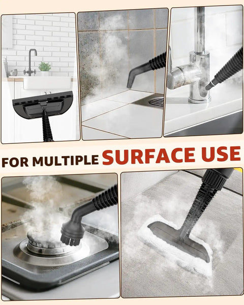Heavy Duty Handheld Steam Cleaner That Cracks Down On Stubborn Grease And Grime Without Breaking A Sweat, shown cleaning surfaces.