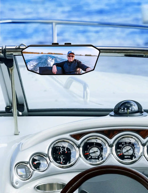 Universal Marine Boat Rear View Mirror 10.5 Inch By 4 Inch Upgrade Ride Ready on boat dashboard, reflecting wakeboarder.
