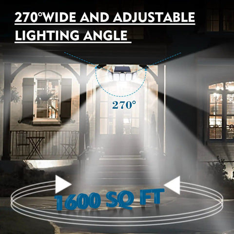 Outdoor Solar Flood Lights With 5 Heads, illuminating porch at 270-degree angle, covering 1600 sq ft, IP65 Waterproof, 3000 Lumens