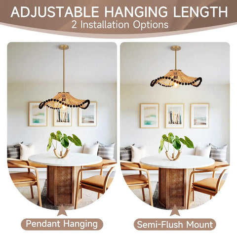 Hodevimall 19.6" Boho Rattan Pendant Light Fixture shown in pendant and semi-flush mount options above a table.