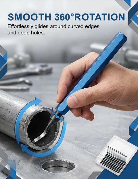 Heavy Duty 11 Blade HSS Deburring Tool Kit For Metal And PVC in use, features ergonomic blue aluminum handle and smooth rotation.