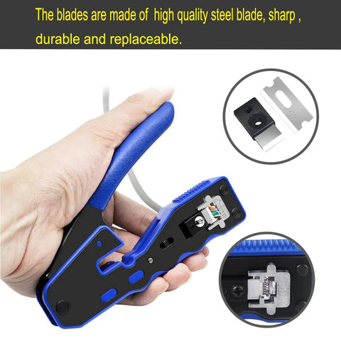 Pass Through Crimp Tool For Cat5e Cat6 Cat6a Ethernet 8P8C Modular Connectors One Handed Compact Cutter and Crimper in use