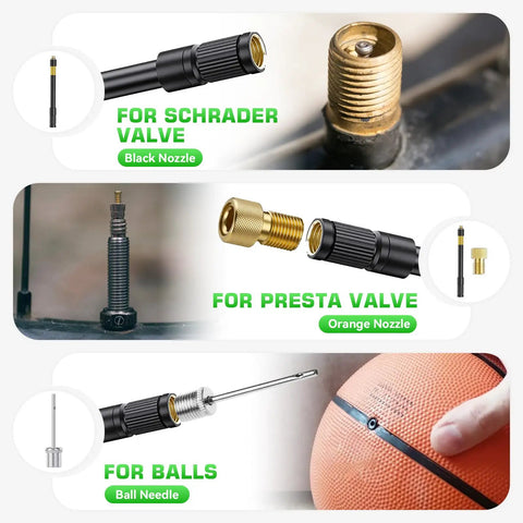 2 In 1 Mini Electric Bike Pump With LED Headlight And Digital Gauge adapters for Schrader, Presta valves, and sports balls