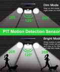 Outdoor Solar Security Lights 30 LED Dual Head Motion Sensor Floodlights IP65 Waterproof 360 Degree Adjustable For Front Door Garage Patio Deck 2 Pack showing dim and bright modes.