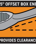 Illustration of 15 Piece Long Pattern SAE Wrench Set With Tool Roll showing 15-degree offset box end for clearance.